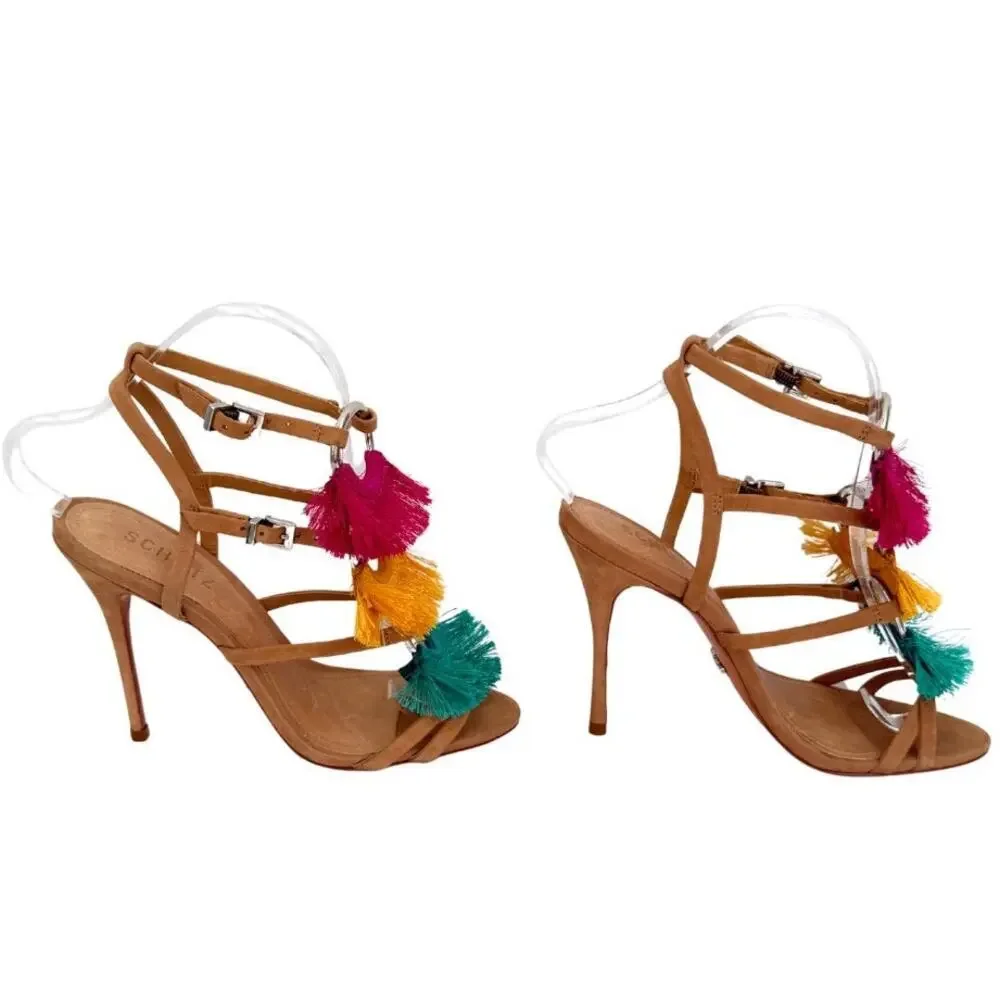 Schutz Capri Tassel Fringe Heels Multicolor Strappy Suede Sandals Size 6.5